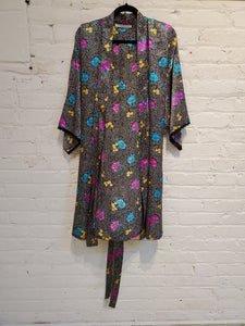 Vintage 1990s Women's Floral & Polka Dot Print Satin Robe