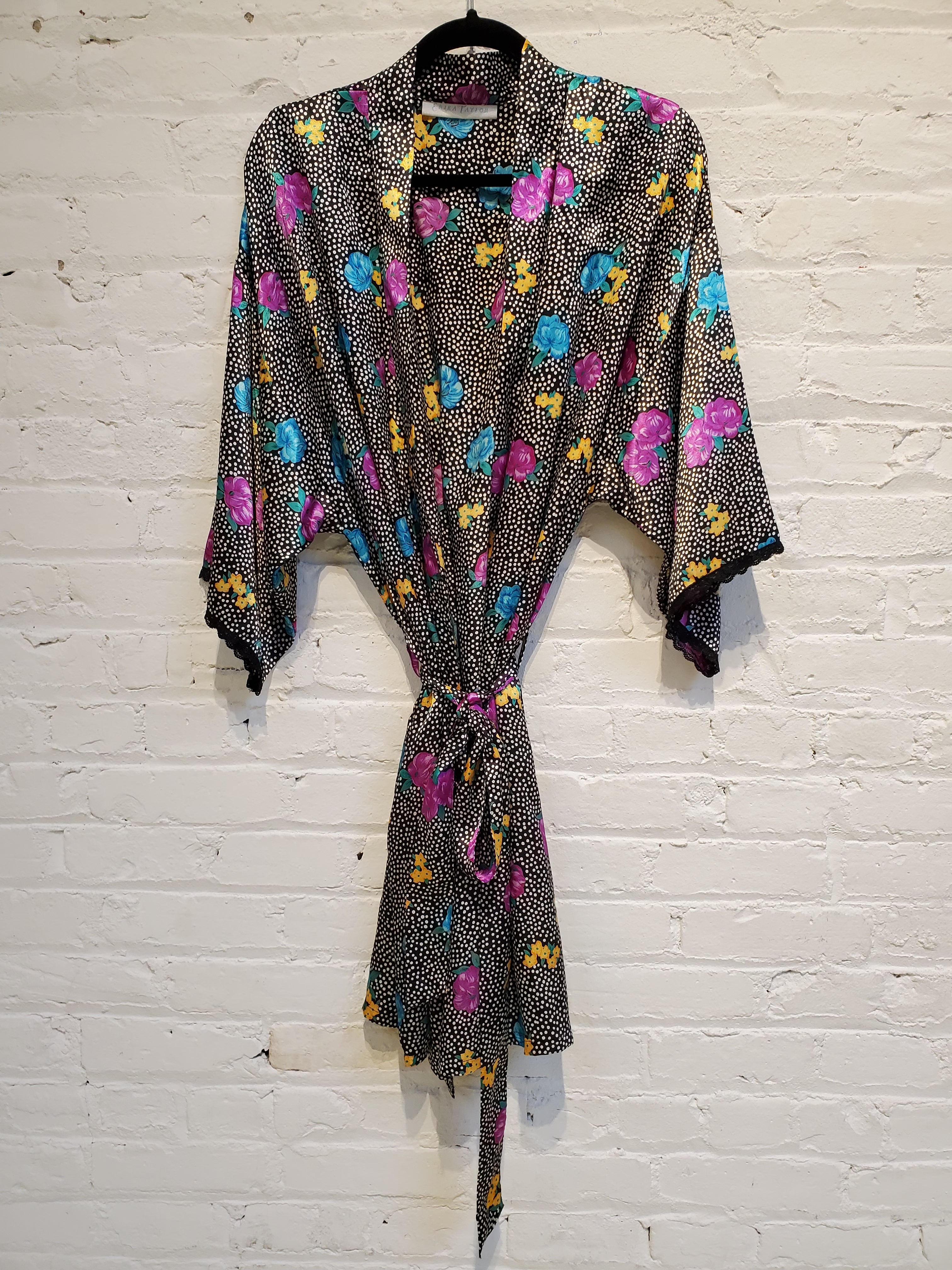 Vintage 1990s Women's Floral & Polka Dot Print Satin Robe