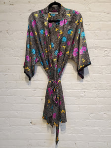 Vintage 1990s Women's Floral & Polka Dot Print Satin Robe