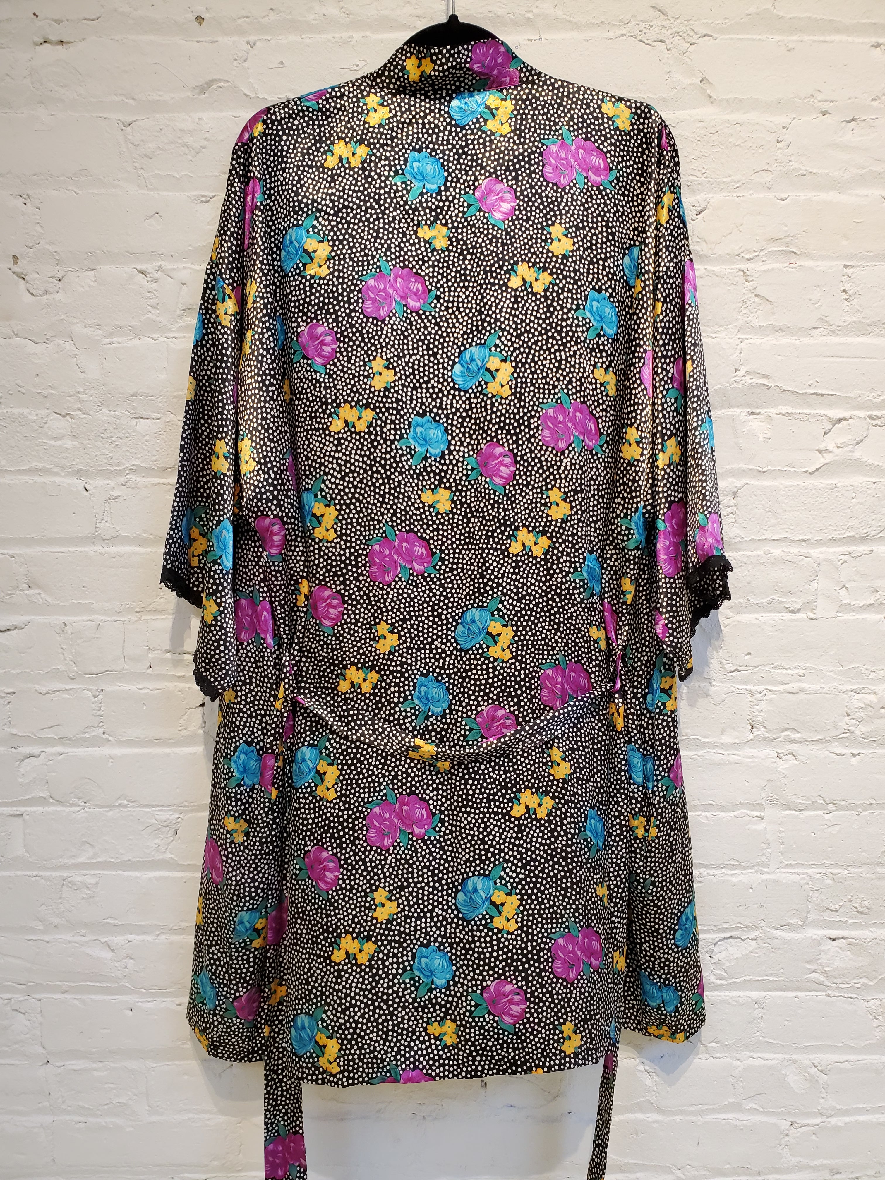 Vintage 1990s Women's Floral & Polka Dot Print Satin Robe