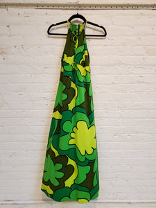 Vintage 1960s Women's Green Flower Power Hawaiian Print Sleeveless Empire Waist Maxi Dress