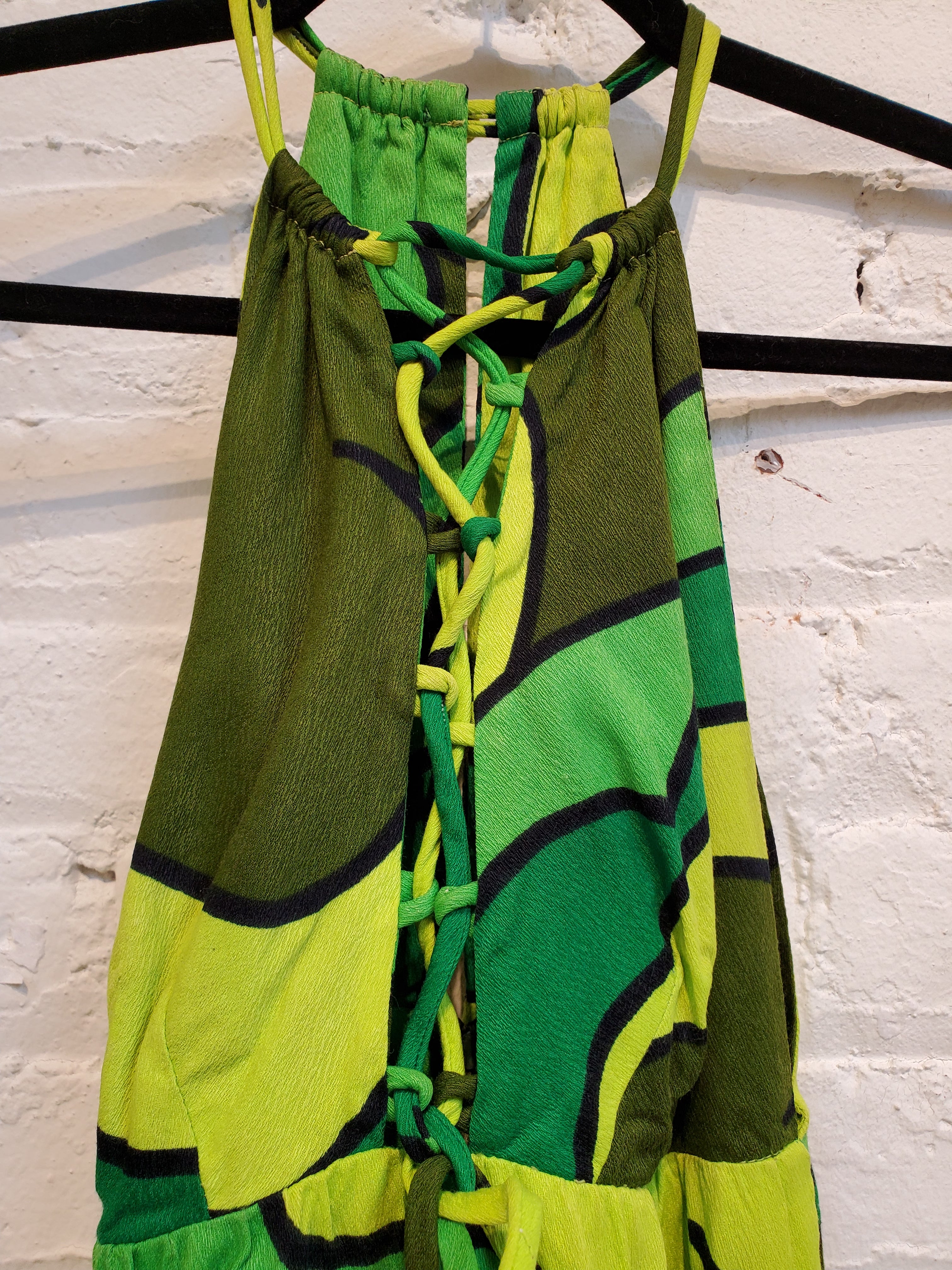 Vintage 1960s Women's Green Flower Power Hawaiian Print Sleeveless Empire Waist Maxi Dress
