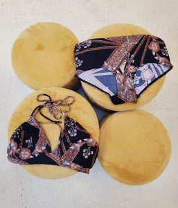 Vintage 1970s Women's Black & Brown Floral Print 2 Piece Halter Top and High Waist Bikini Bottom