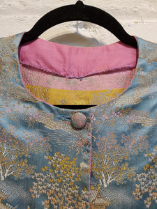 Vintage Blue & Pink Asian Scene Jacquard Pattern Jacket