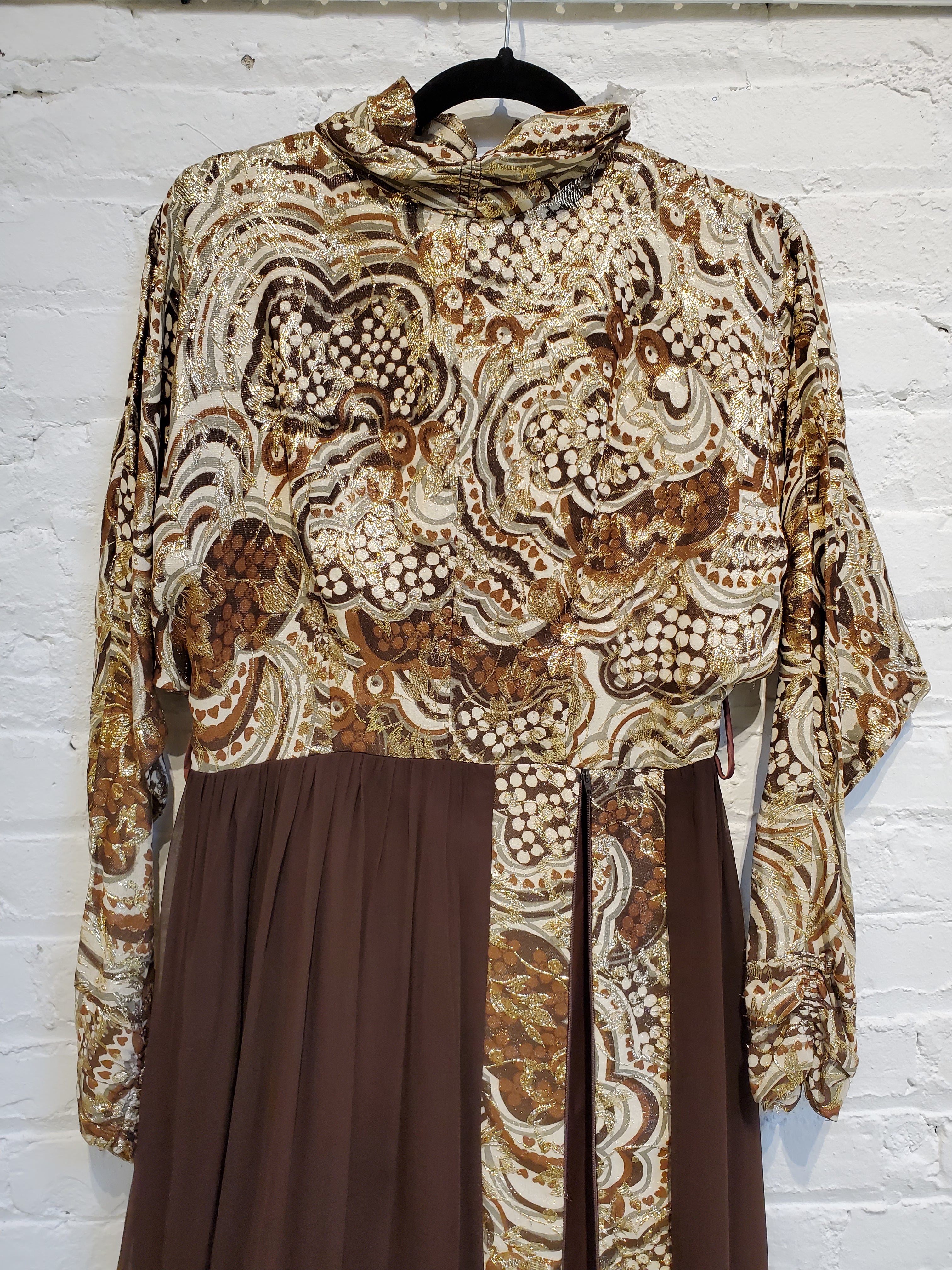 Vintage 1970s Brown Metallic Brocade Fabric Bodice, Sleeves & Trim Long Dress with Hot Pants (shorts)