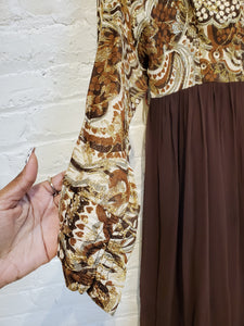 Vintage 1970s Brown Metallic Brocade Fabric Bodice, Sleeves & Trim Long Dress with Hot Pants (shorts)