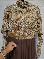 Load image into Gallery viewer, Vintage 1970s Brown Metallic Brocade Fabric Bodice, Sleeves &amp; Trim Long Dress with Hot Pants (shorts)
