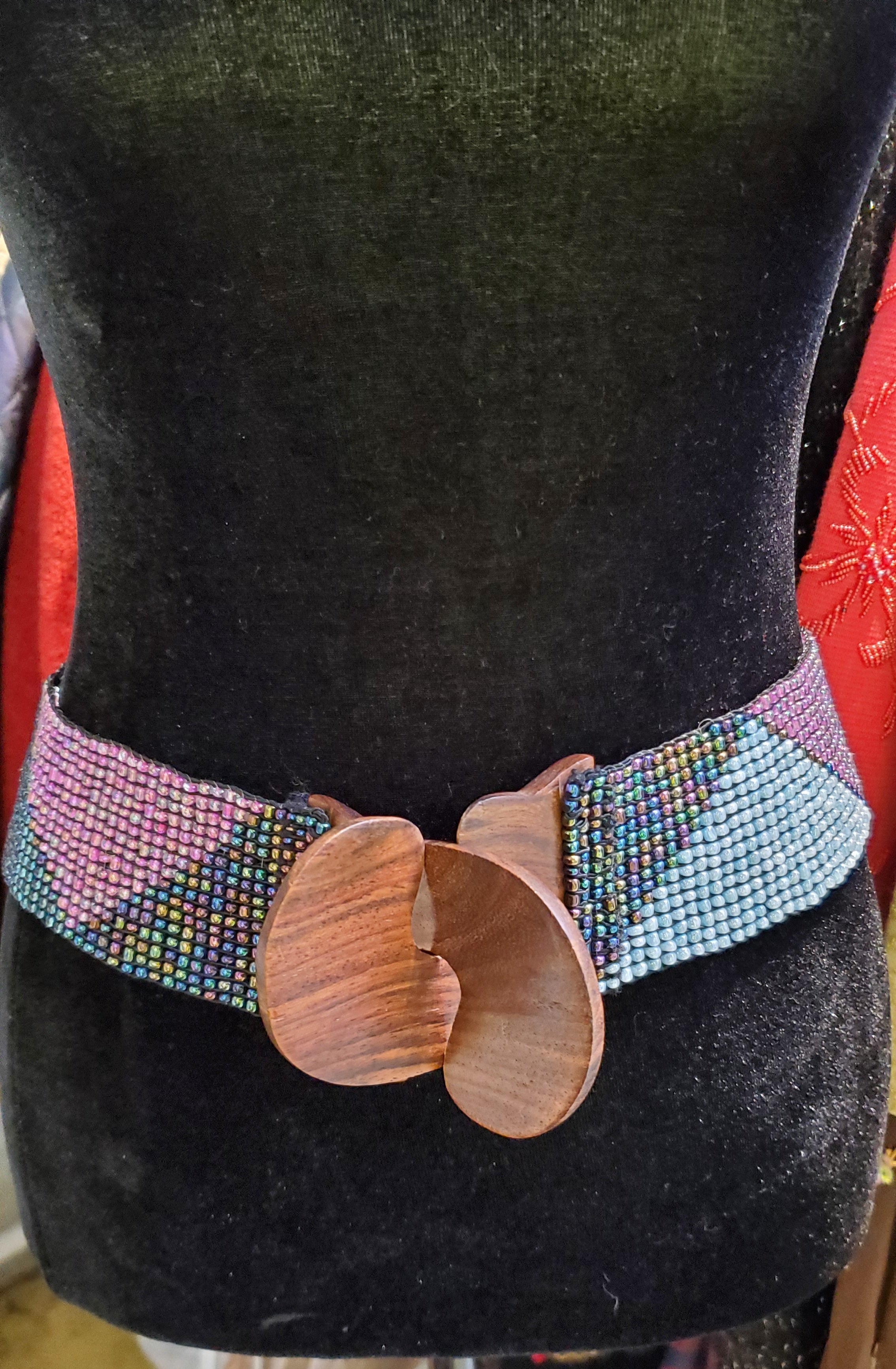 70's/80's Multi Color Beaded Stretchy Waist Belt with Wood Buckles (Fits up to Size XL)