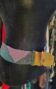 70's/80's Multi Color Beaded Stretchy Waist Belt with Wood Buckles (Fits up to Size XL)