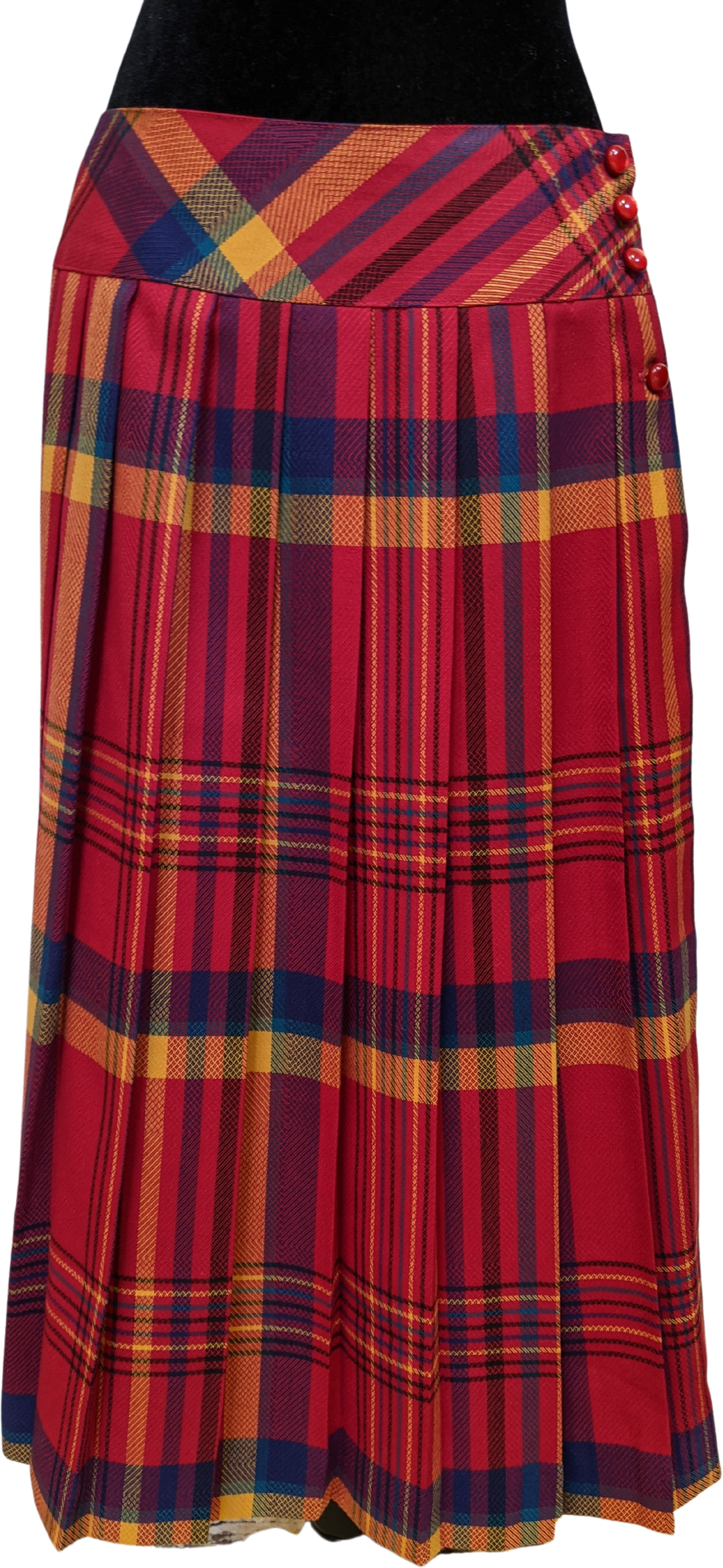 70's/80's Red Multicolor Plaid Pleated Midi Skirt (Size Medium)