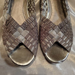Load image into Gallery viewer, Vintage Silver Stretch Mesh Basketweave Peep Toe Flats
