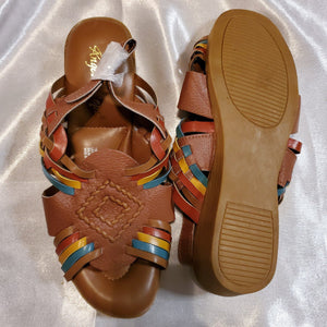 Vintage Caramel Brown Multi-Color Leather Sandals  w/Ankle Strap