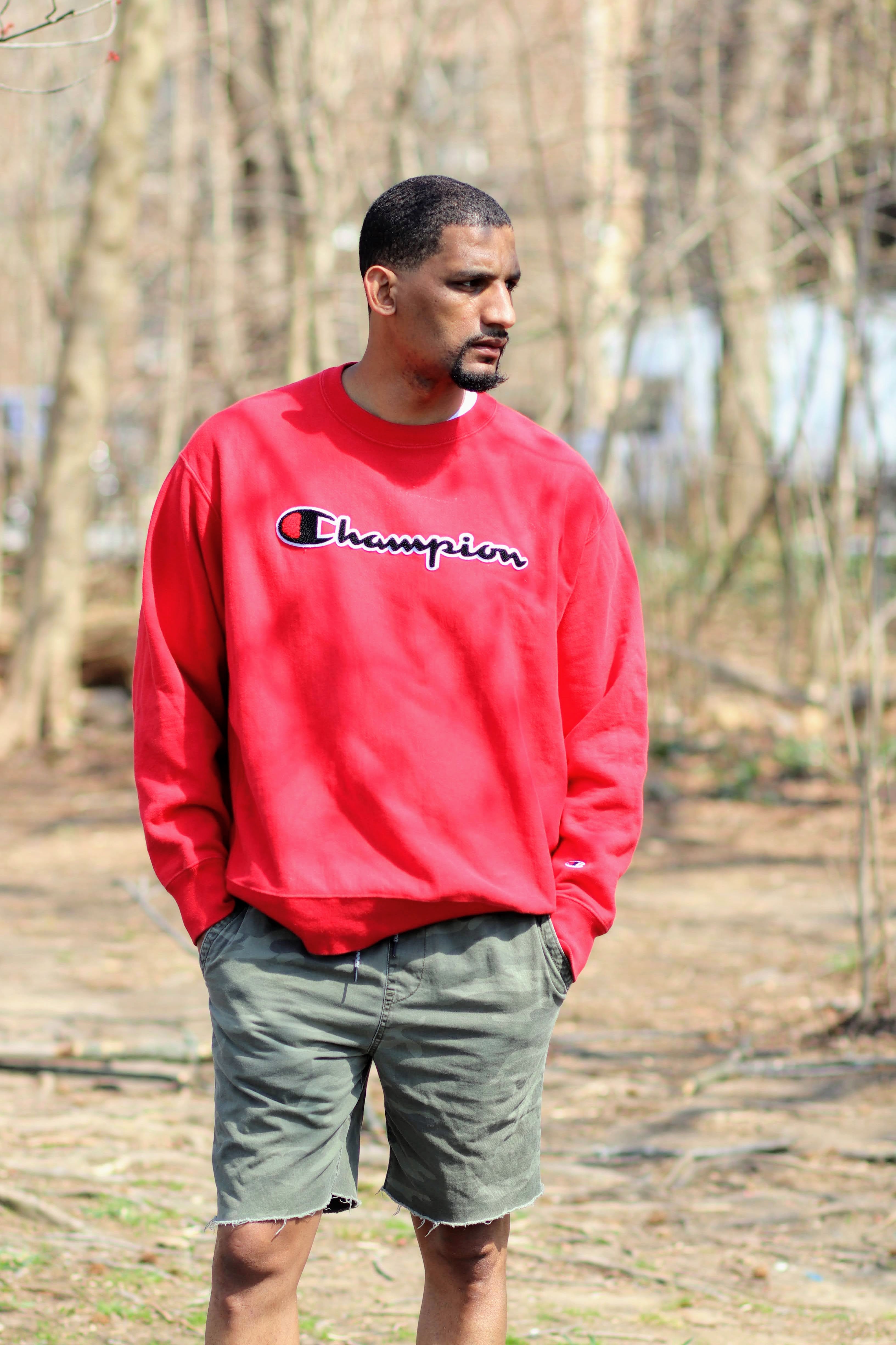 Y2K Champion Men's Red Reverse Weave Sweatshirt with 3D Champion Applique Graphic