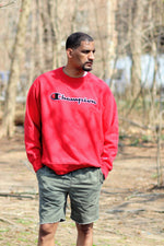 Load image into Gallery viewer, Y2K Champion Men&#39;s Red Reverse Weave Sweatshirt with 3D Champion Applique Graphic

