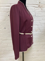 Load image into Gallery viewer, 70&#39;s/80&#39;s Burgundy V-Neck Button Down Top with Off White Waist Belt (Size Small)
